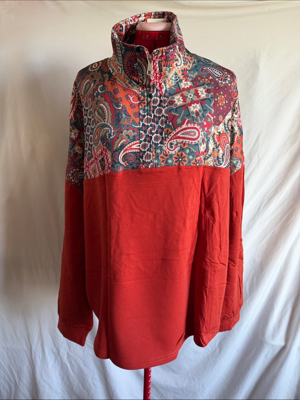 Women's Red Paisley Half-Zip Pullover with Funnel Neck